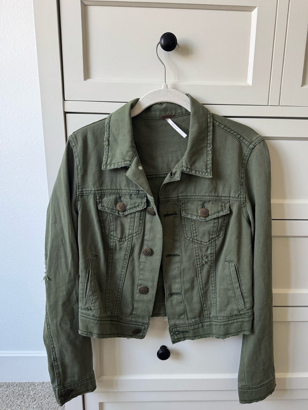 Free People Olive Green Distressed Denim Jacket Blazer 4